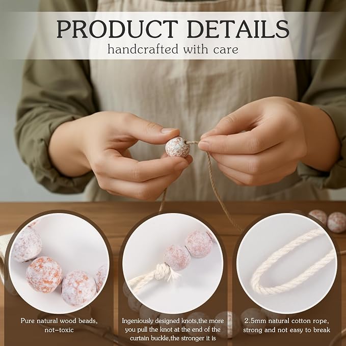 Hion 6 Pcs Boho Curtain Tiebacks, Wood Beads Curtain Holdbacks, Outdoor - Image 3