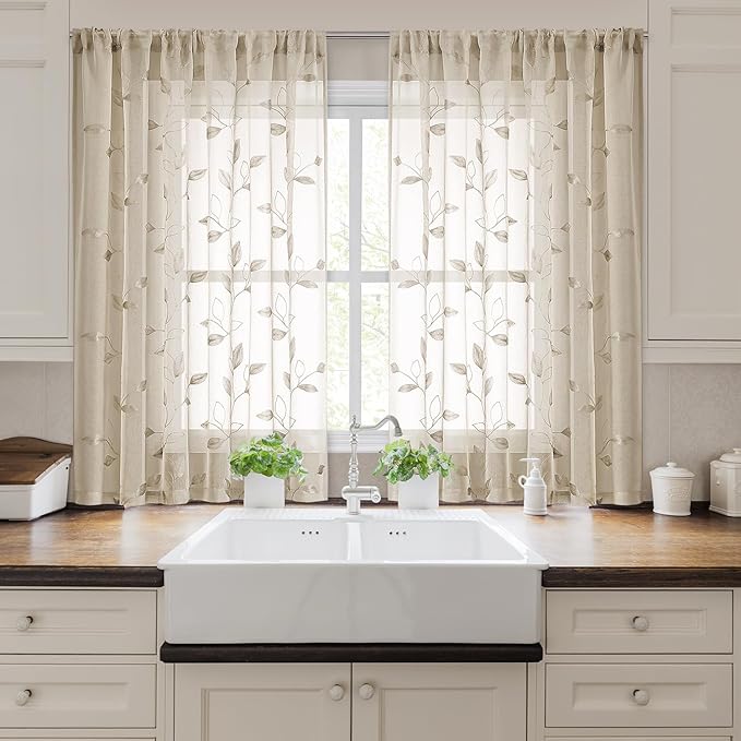 HOMEIDEAS Taupe Sheer Kitchen Curtains 52 x 45 Inch Length 2 Panels Beige - Image 5