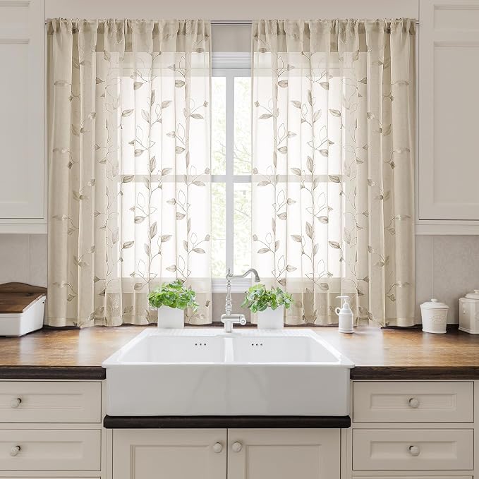 HOMEIDEAS Taupe Sheer Curtains 52 x 54 Inch Length 2 Panels Beige Embroidered - Image 6