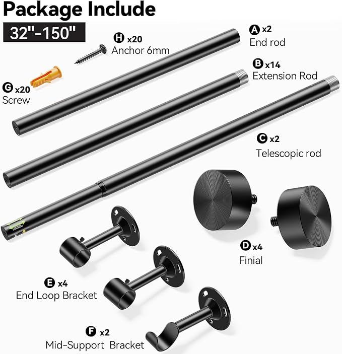 YaFex 2 Pack Heavy Duty Curtain Rods 32-150 Inch, 1 Inch Adjustable Black - Image 7