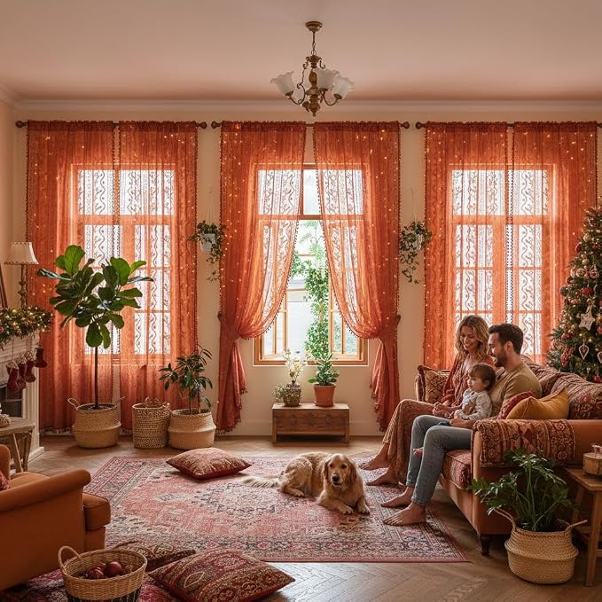 WAZZIO Boho Lace Curtains 105 Inch 2 Panels-Vintage Sheer Panel Drape Floral - Image 7