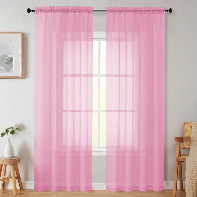 Sheer Pink Curtains for Bedroom Living Room 90 Inches Long 2 Panels Set by WelvetBLK