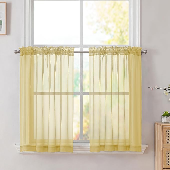 Simplebrand Yellow Short Sheer Kitchen Cafe Curtains 36 x 42 Inch, 2 Panels by Simplebrand