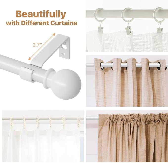 White Curtain Rods for Windows 48 to 88, Heavy Duty 5/8 Diameter Drape Rod Set - Image 6