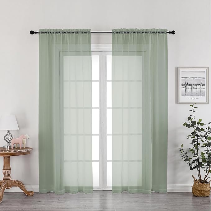 OWENIE Sage Green Sheer Curtains 72 Inches Long 2 Panels Set, Transparent Voile by OWENIE