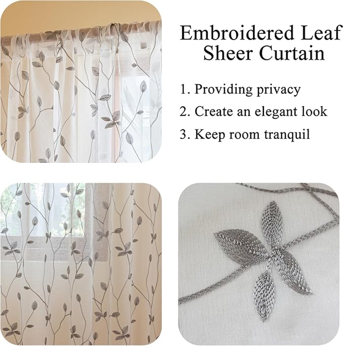 AmHoo 2 Panels Embroidered Leaf Pattern Semi Sheer Curtains Foliage Floral - Image 4