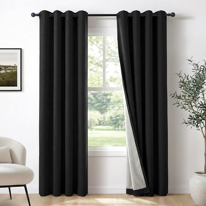 100% Blackout Linen Textured Curtains 72 Inch Long, Light Blocking, Thermal by 100BlackoutShield