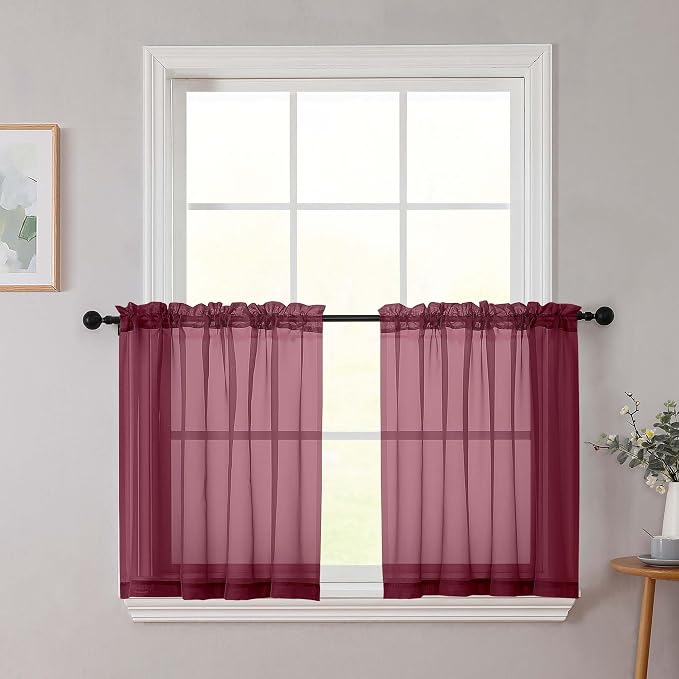 Kitchen Curtains 24 Inch Length Tier 2 Pieces, Burgundy Sheer Curtain Solid by WelvetBLK