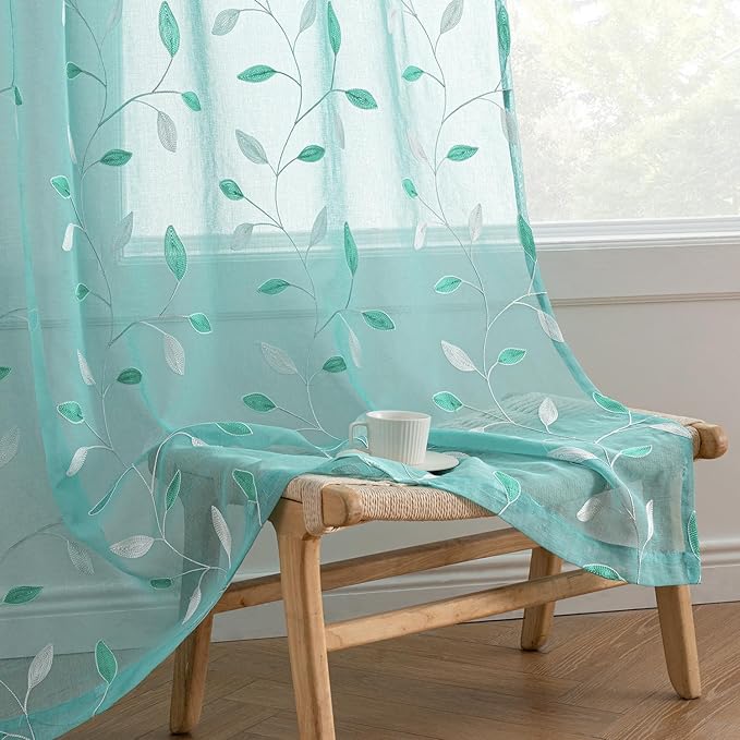 MIULEE Turquoise Sheer Curtains 2 Panels Embroidered Leaf Patterned Rod Pocket by MIULEE