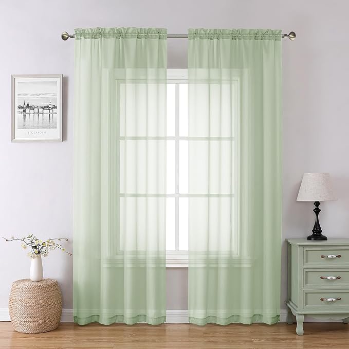 Lecloud Light Green Sheer Curtains 84 Inches Long 2 Panels Set, Airy Voile by Lecloud
