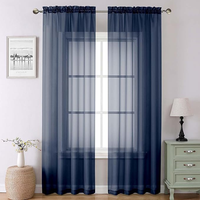 Lecloud Navy Blue Sheer Curtains 90 Inches Long 2 Panels, Light Filtering Voile by Lecloud