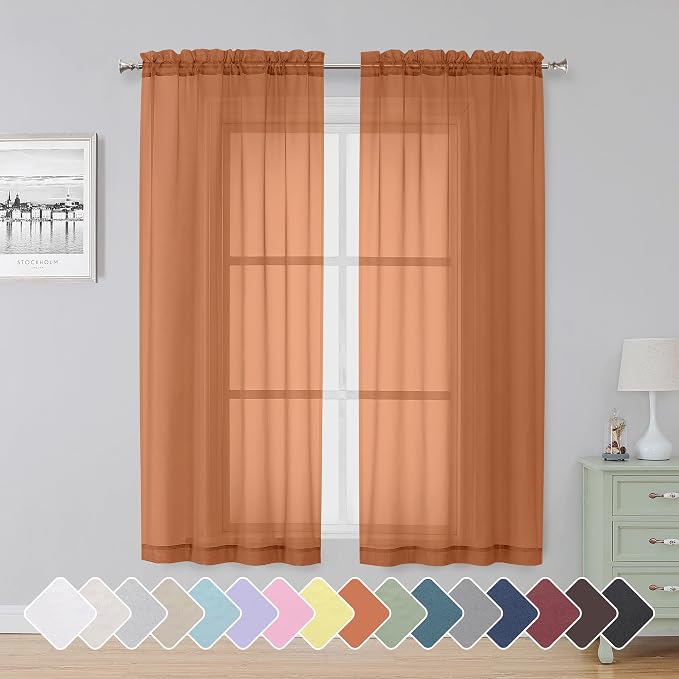 Simplebrand Orange Sheer Curtains 63 Inch Length 2 Panels, Rod Pocket Solid by Simplebrand