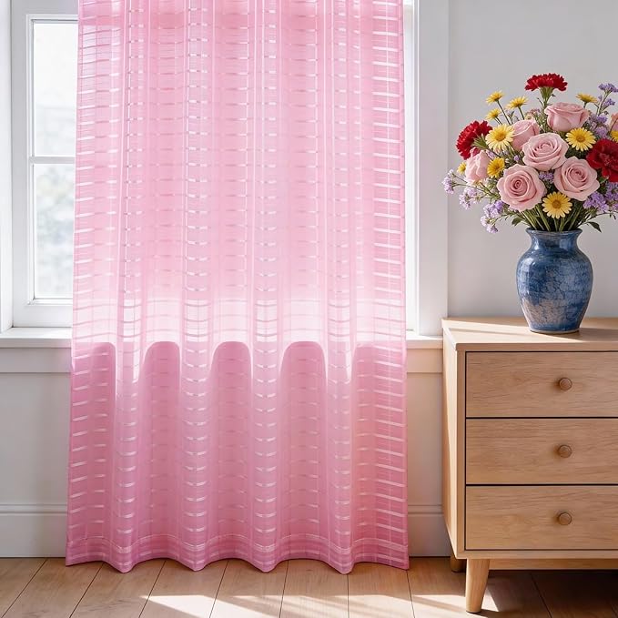 SpaceDresser Check Sheer Curtains 108 Inches 2 Panels Set, Rod Pocket Plaid - Image 3