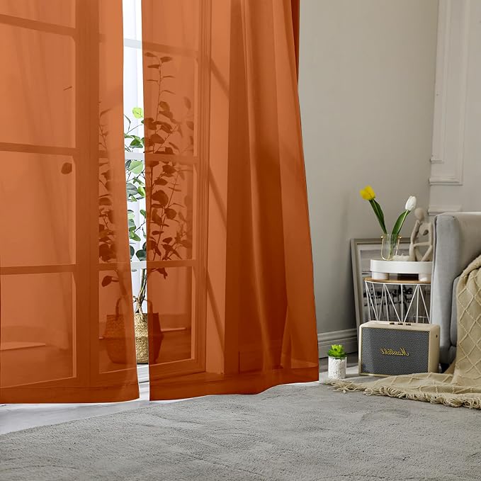 Lecloud Orange Sheer Curtains 96 Inches Long 2 Panels, Light Filtering Voile - Image 2