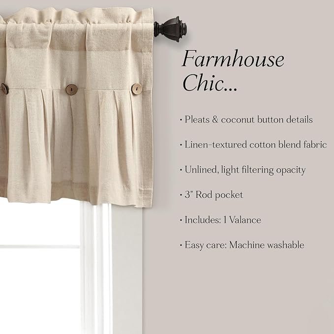 Lush Decor Linen Button Farmhouse Valance Curtians 52"W x 18"L Dark Linen - Image 7