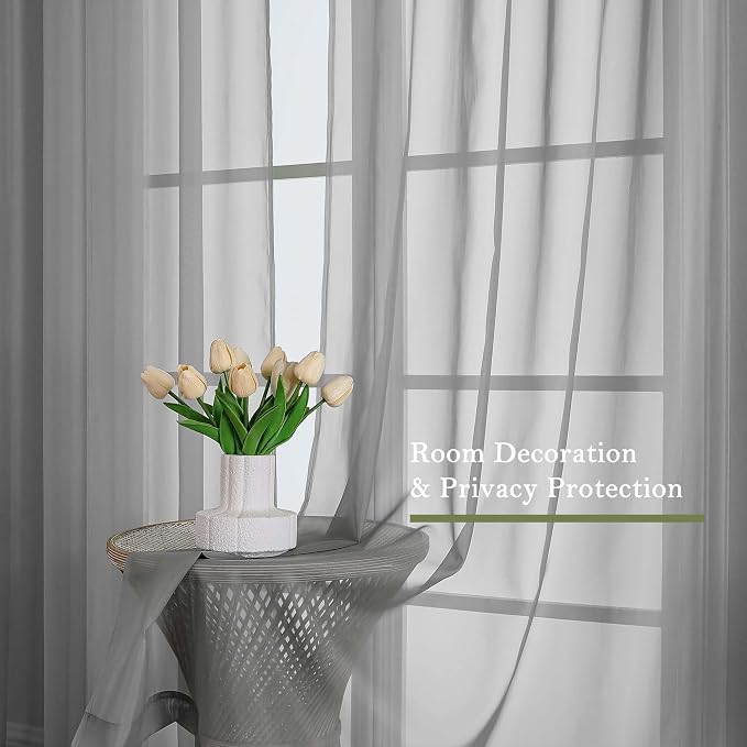 Lecloud Charcoal Grey Sheer Curtains 120 Inches Long 2 Pcs, Light Filtering Rod - Image 4