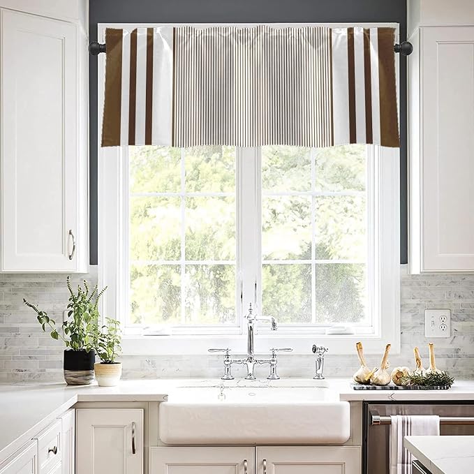 Emvency 2 Pack Valances Window Treatments, Striped Brown Minimalist Neutral - Image 7