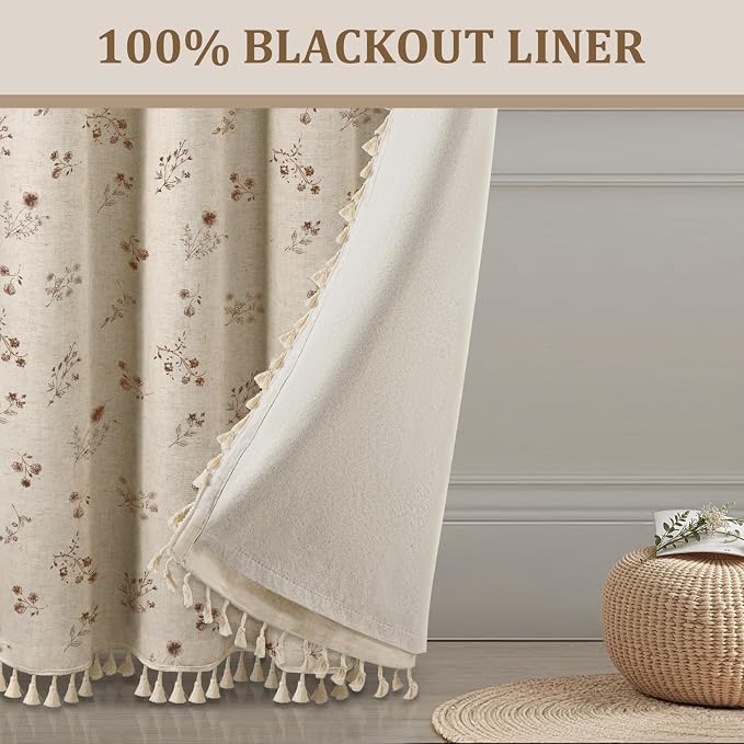 Boho Floral Spring 100% Blackout Curtains 84 Inch Length 2 Panels Set, Linen - Image 6
