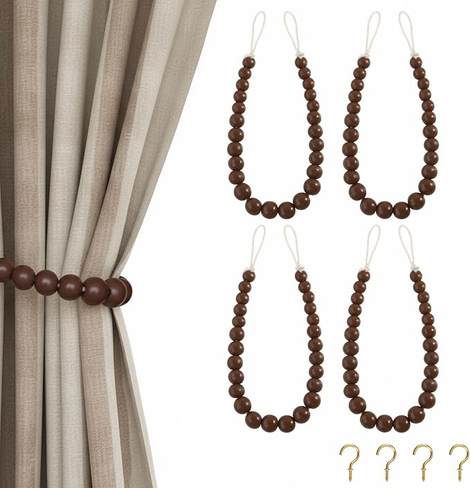 Hion 4 Pcs Boho Curtain Tiebacks, Wood Beads Curtain Holdbacks, Outdoor by Hion