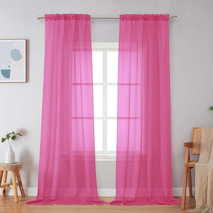 Simplebrand Hot Pink Sheer Curtains 96 Inches Long, Light Filtering Rod Pocket by Simplebrand