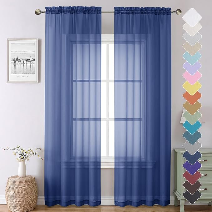 Lecloud Royal Blue Sheer Curtains 90 Inches Long 2 Panels, Living Room Curtains by Lecloud