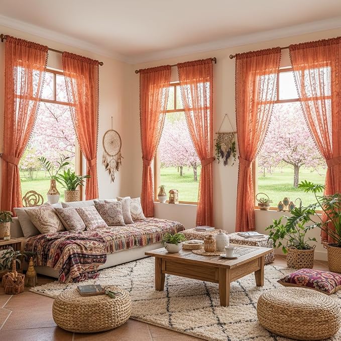 WAZZIO Boho Lace Curtains 63 Inch 2 Panels-Vintage Sheer Panel Drape Floral - Image 9