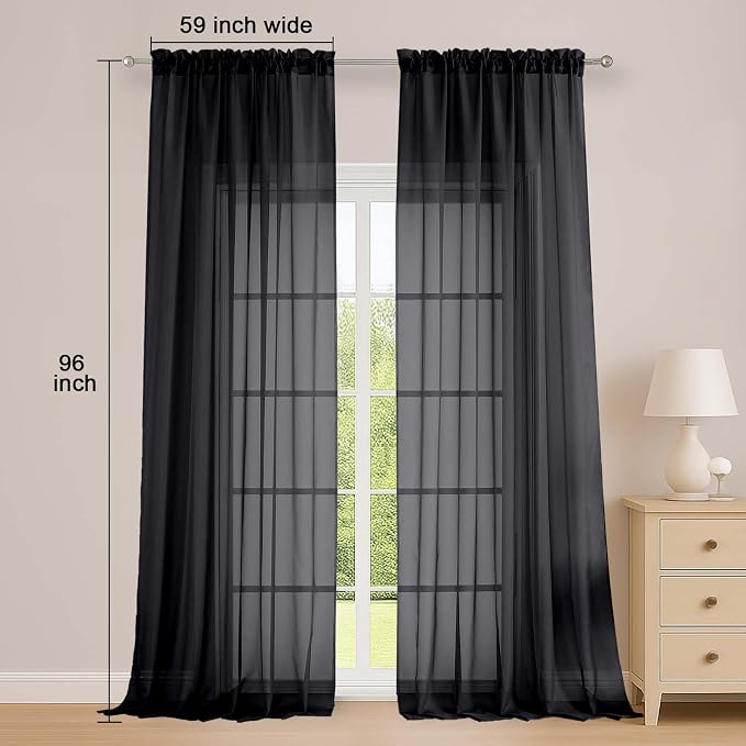 OWENIE Black Sheer Curtains, Sheer Curtains 96 inches Long 2 Panels Set - Image 4