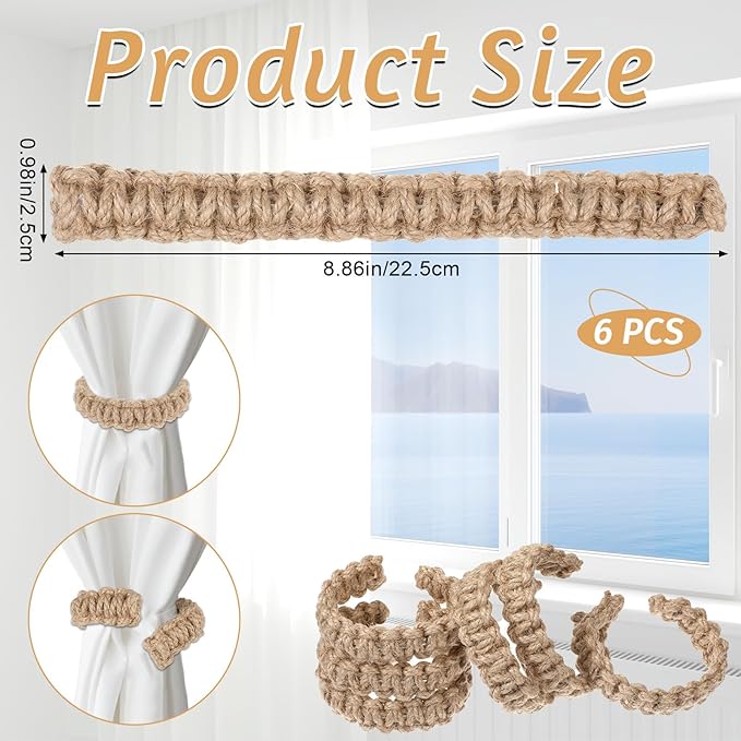 Ptwola 6 Pack Braided Curtain Tiebacks Boho Elegant Rustic Curtain Holdbacks - Image 2