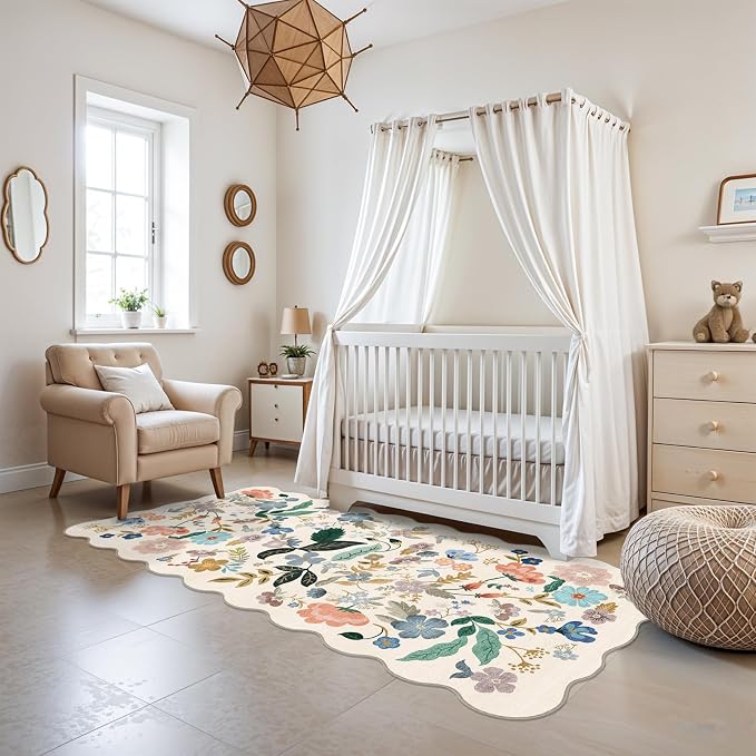 Washable 3x6 Hallway Runner Rug: Floral Scalloped Soft Runners - Image 2