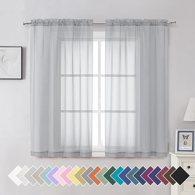 Aiyufeng Light Grey Sheer Curtains 54 Inches Long 2 Panels, Solid Voile Top by Aiyufeng