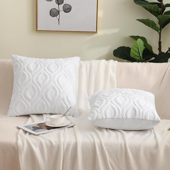 decorUhome Throw Pillow Covers 16x16 Inch Set of 2, Soft Plush Faux Wool White - Image 9