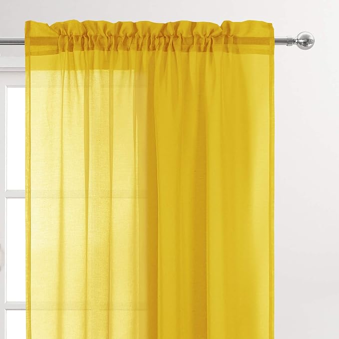 DWCN Yellow Sheer Curtains Semi Transparent Voile Rod Pocket Curtains - Image 2