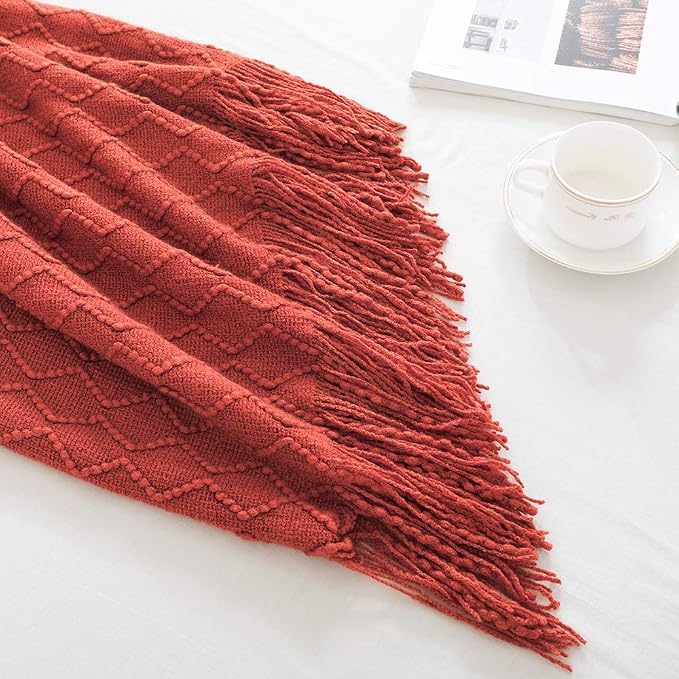 BOURINA Rust Throw Blanket 60x80 Inches Throw Textured Solid Soft Sofa Throw - Image 3