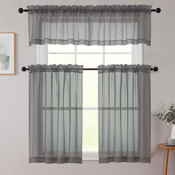Grey Valances for Windows, Sheer Curtains 14 Inch Length 2 Pack Kitchen Curtain - Image 8