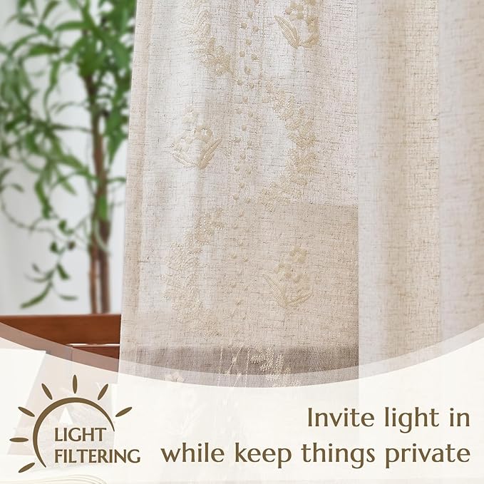 jinchan Belrose Linen Curtains for Bedroom Floral Curtains 90 Inch Length Linen - Image 5