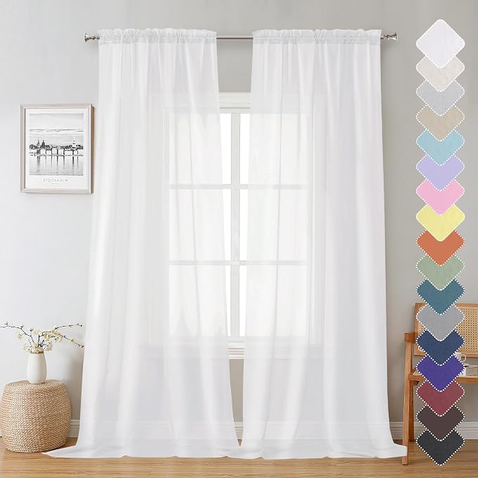 Lecloud White Sheer Curtains 90 Inches Long 2 Panels, Farmhouse Voile Window by Lecloud
