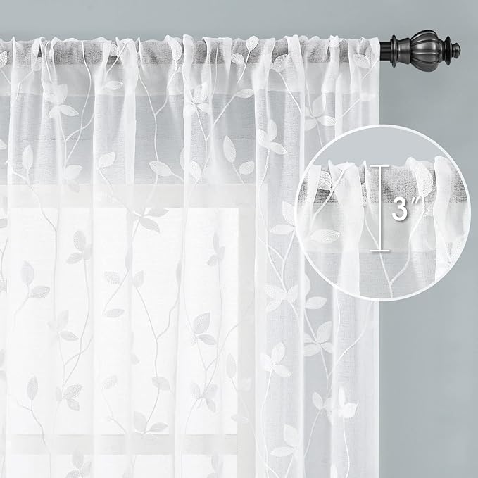 HOMEIDEAS White Sheer Curtains 52 X 63 Inches Length 2 Panels Embroidered Vine - Image 5