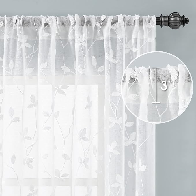 HOMEIDEAS White Sheer Curtains 52 X 96 Inches Length 2 Panels Embroidered Vine - Image 5