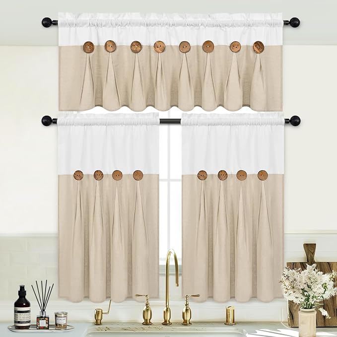 Boho Kitchen Curtains 36 Inch Length, Farmhouse Cotton Linen Tier Curtains - Image 3