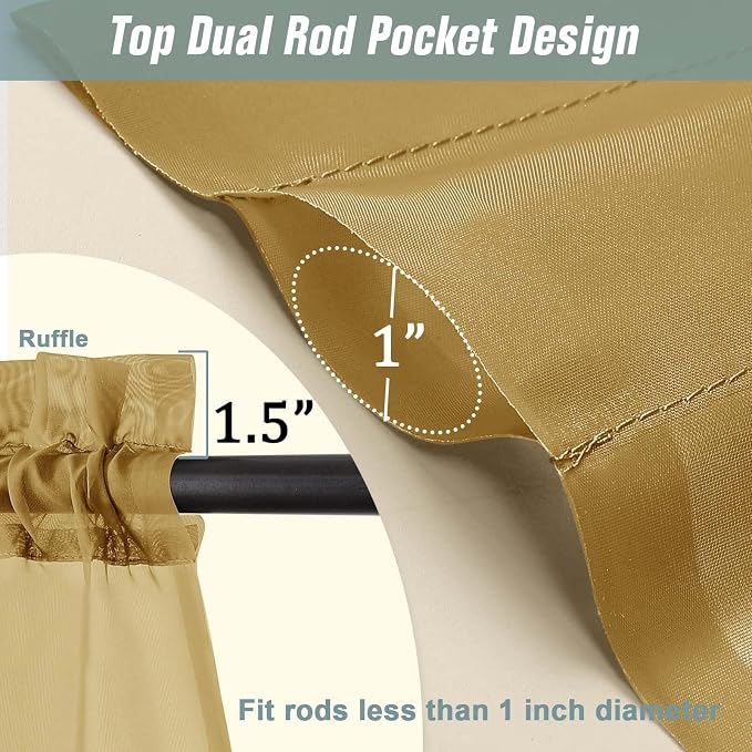 Gold Sheer Curtains 90 Inches Long 2 Panels, Light Filtering Solid Sheer - Image 3