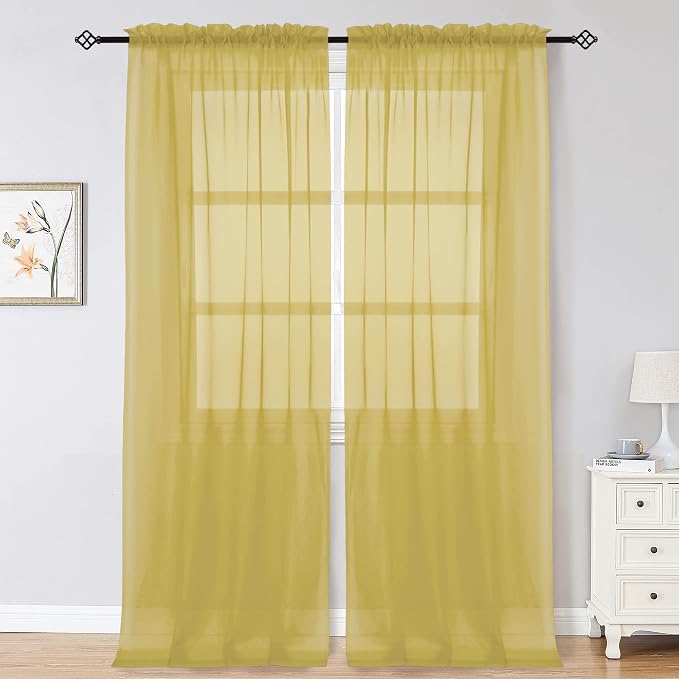 OWENIE Gold Sheer Curtains 96 Inch Length 2 Panels Set, Elegant Sheer Curtains by OWENIE