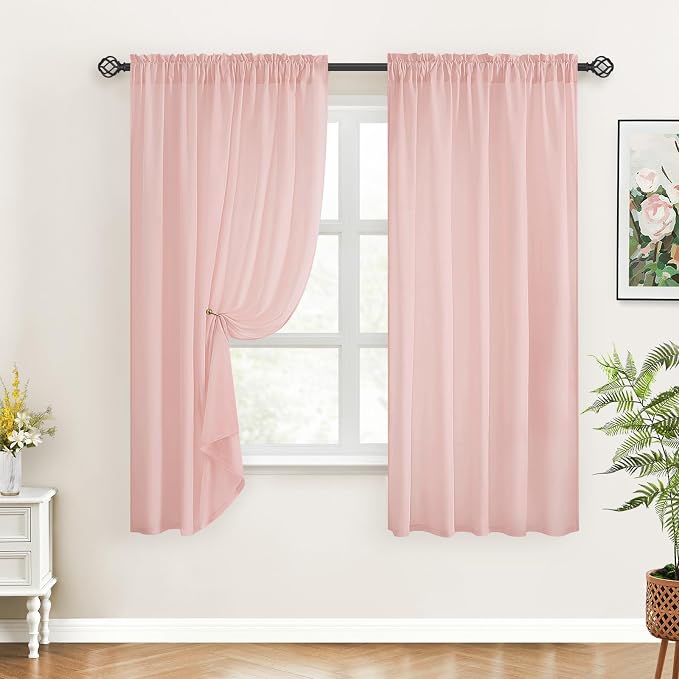 HOMEIDEAS Non-See-Through Blush Pink Privacy Sheer Curtains, 52 X 45 Inches - Image 2