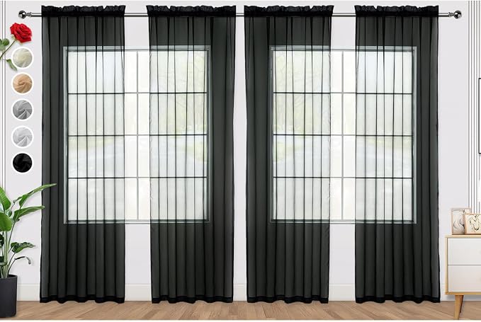 SpaceDresser Black Sheer Curtains 4 Panels Rod Pocket Semi-Sheer Curtain 90 by SpaceDresser