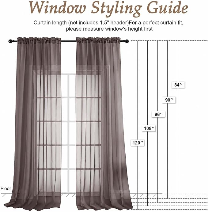 Chocolate Sheer Curtains 63 Inches Long 2 Panels Set, Light Filtering Sheer - Image 2