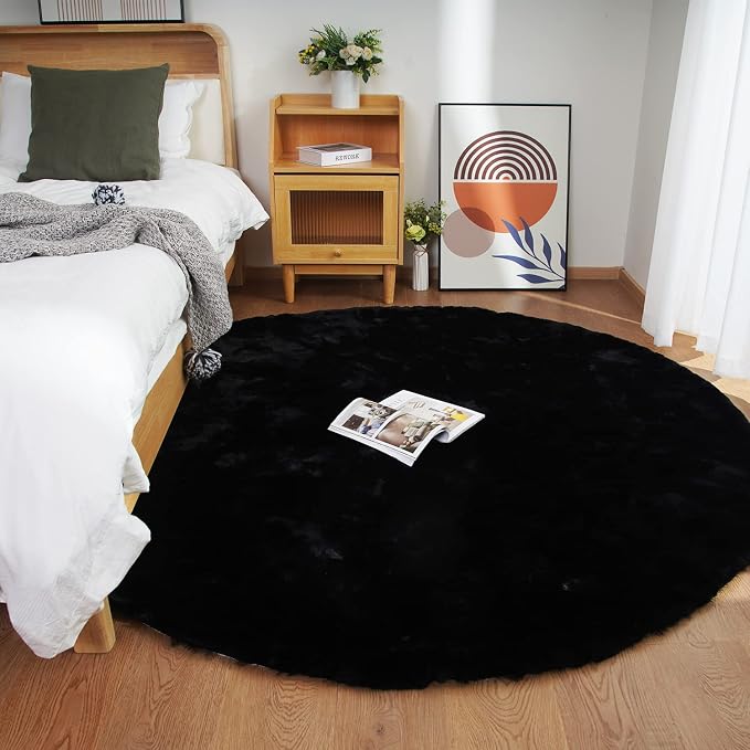 Ghouse Faux Rabbit Fur Round Rug 5ft Black Round Rugs by Ghouse