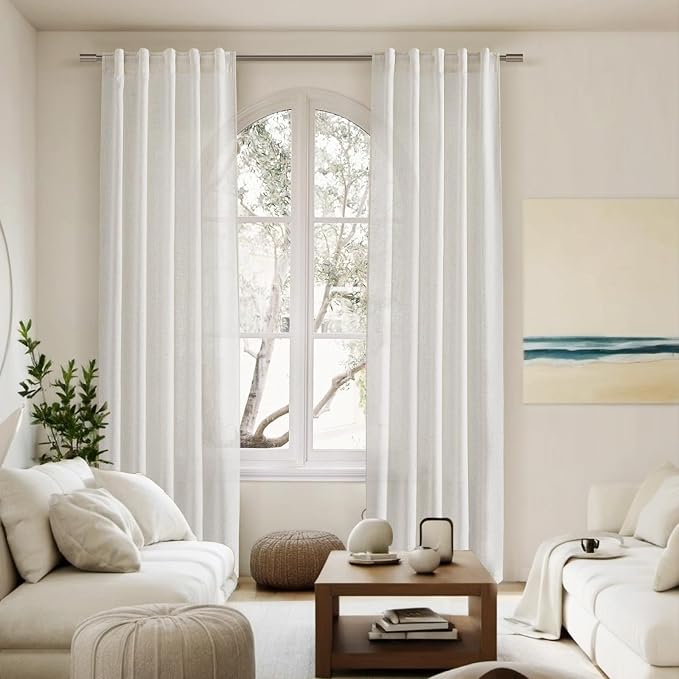 Linen Sheer Curtains 108 Inches Long Back Tab Rod Pocket 2 Panels Cream Semi - Image 7