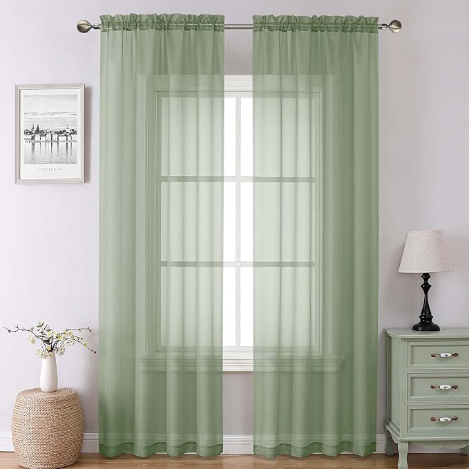 Lecloud Sage Green Sheer Curtains 90 Inches Long 2 Pcs, Modern Solid Voile by Lecloud