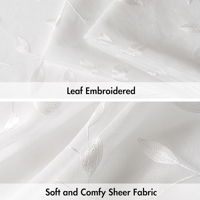 MIULEE White Sheer Curtains 2 Panels Embroidered Leaf Patterned Rod Pocket - Image 4