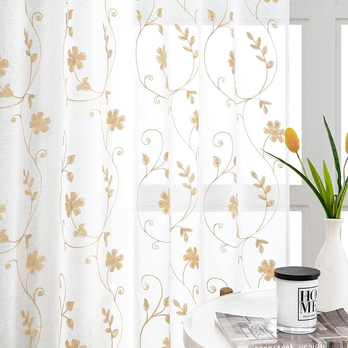 HOMEIDEAS Yellow Sheer Curtains 84 Inches Long 2 Panels Yellow and White by HOMEIDEAS