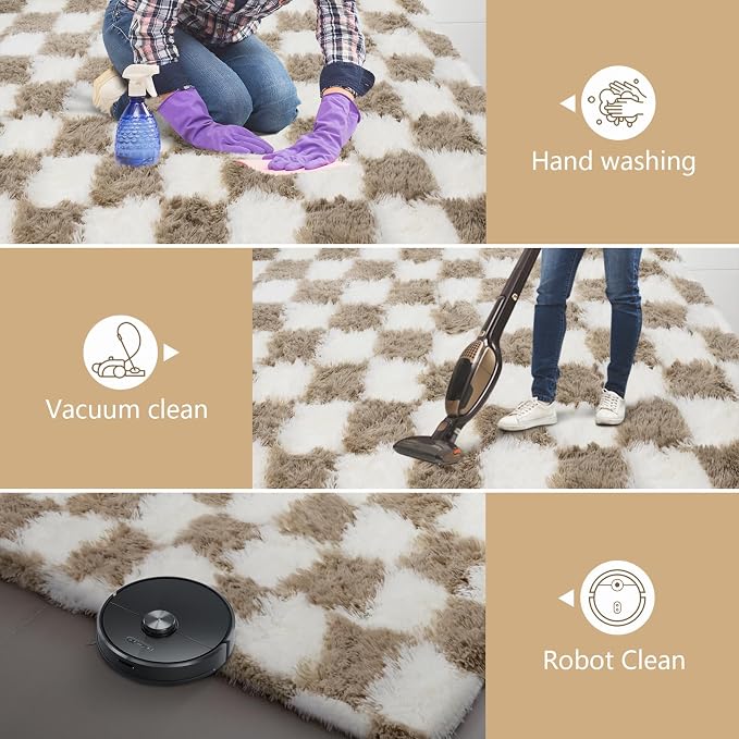 4x6 Checkered Area Rugs for Bedroom, Fluffy Beige and White Checkered Rug Fuzzy - Image 7